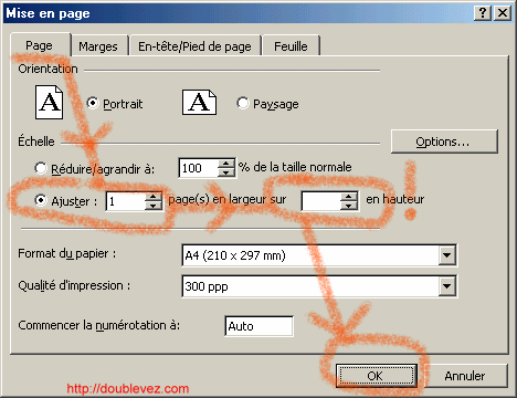 Pour ajuster automatiquement l'impression sur 1 page en largeur, en laissant libre le nombre de pages en hauteur 